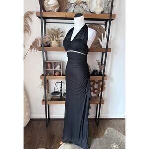 Y2k Cache Black Halter Chiffon Ruched Rhinestone Prom Evening Dress Size 2
